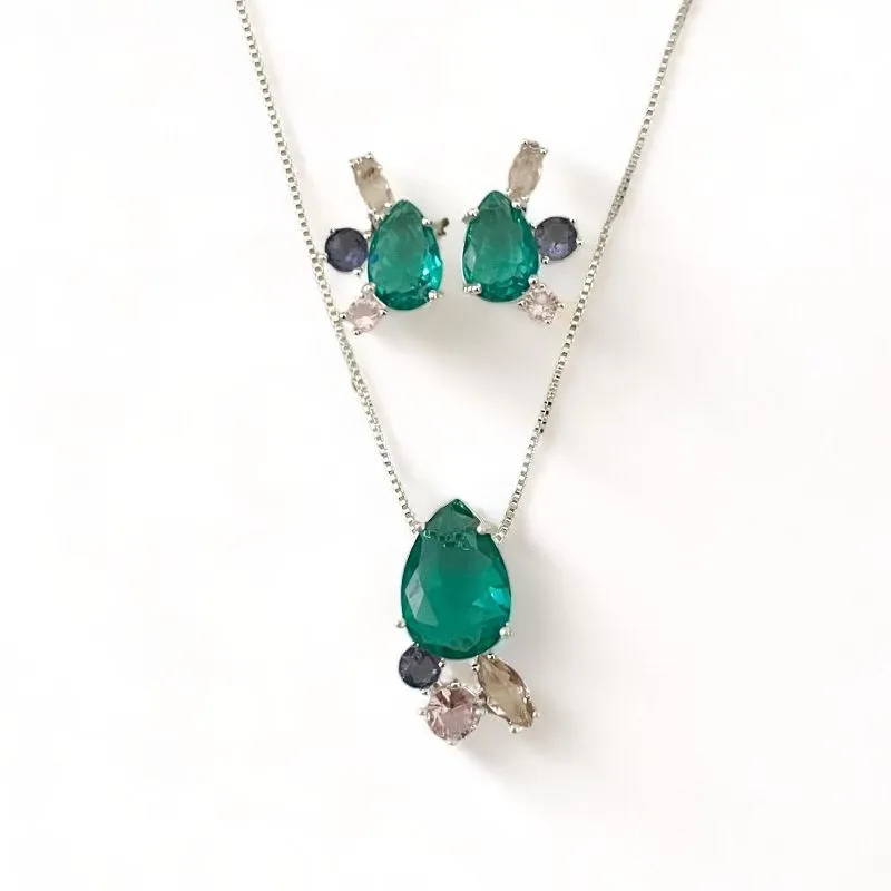 CONJUNTO PEDRA GOTA TURMALINA ZIRCONIA COLOR