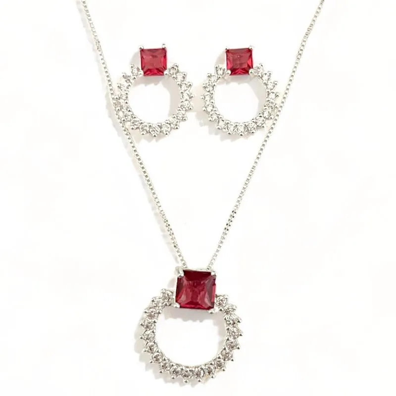 CONJUNTO PEDRA QUARTZO ROSA CIRCULO ZIRCONIA CRISTAL