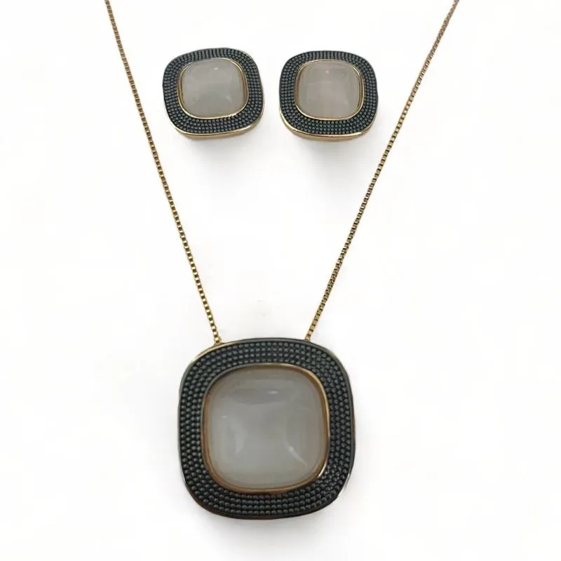 CONJUNTO QUADRADO DETALHE CHUMBO PEDRA OLHO DE GATO