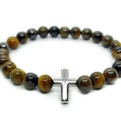 PULSEIRA MASCULINA BOLINHA OLHO DE TIGRE CRUZ GRAFITE