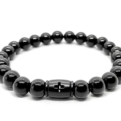 PULSEIRA MASCULINA BOLINHA ONIX CRUZ VAZADA PRETA
