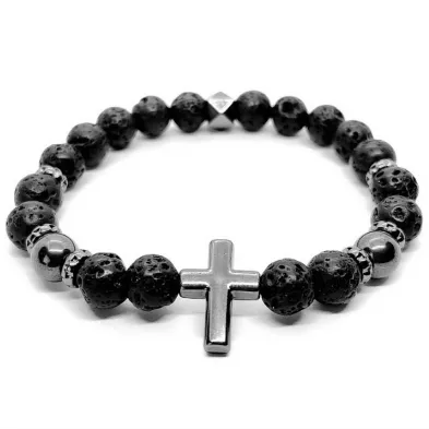 PULSEIRA MASCULINA BOLINHA PEDRA VULCANICA CRUZ GRAFITE