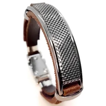 PULSEIRA MASCULINA PLACA DETALHE COURO MARROM