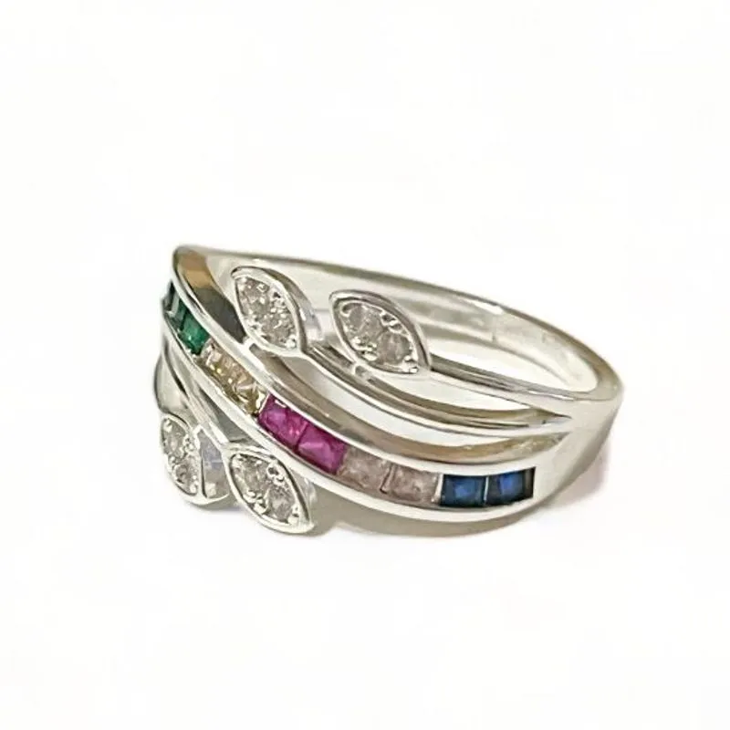ANEL FILEIRAS FOLHA BAGUETE COLOR ZIRCONIA CRISTAL