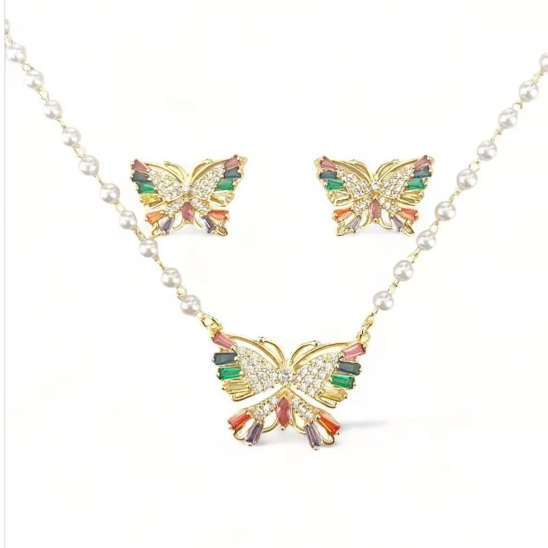 CONJUNTO BORBOLETA BAGUETE COLOR ZIRCONIA CRISTAL COLAR PEROLA
