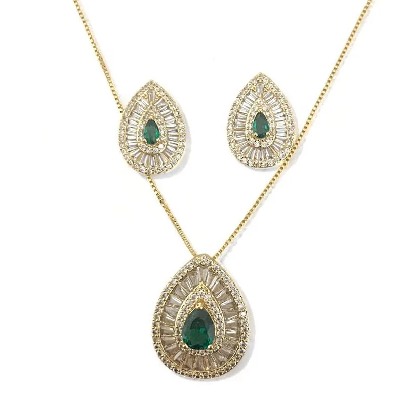 CONJUNTO GOTA PEDRA ESMERALDA BAGUETE  ZIRCONIA CRISTAL