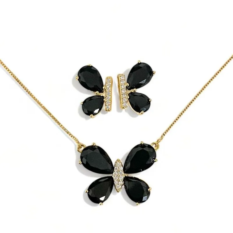 CONJUNTO BORBOLETA PEDRA ONIX ZIRCONIA CRISTAL