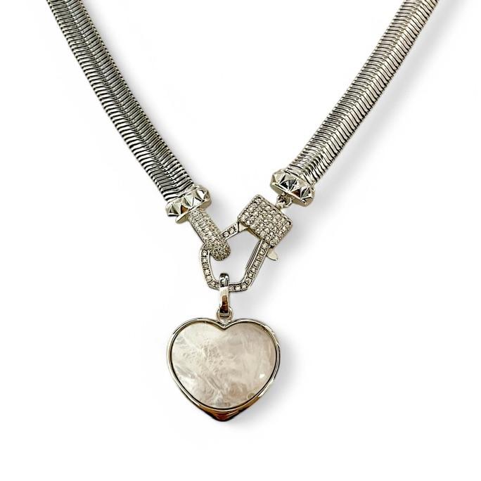 COLAR MALHA PINGENTE CORAÇÃO MADREPEROLA ZIRCONIA CRISTAL