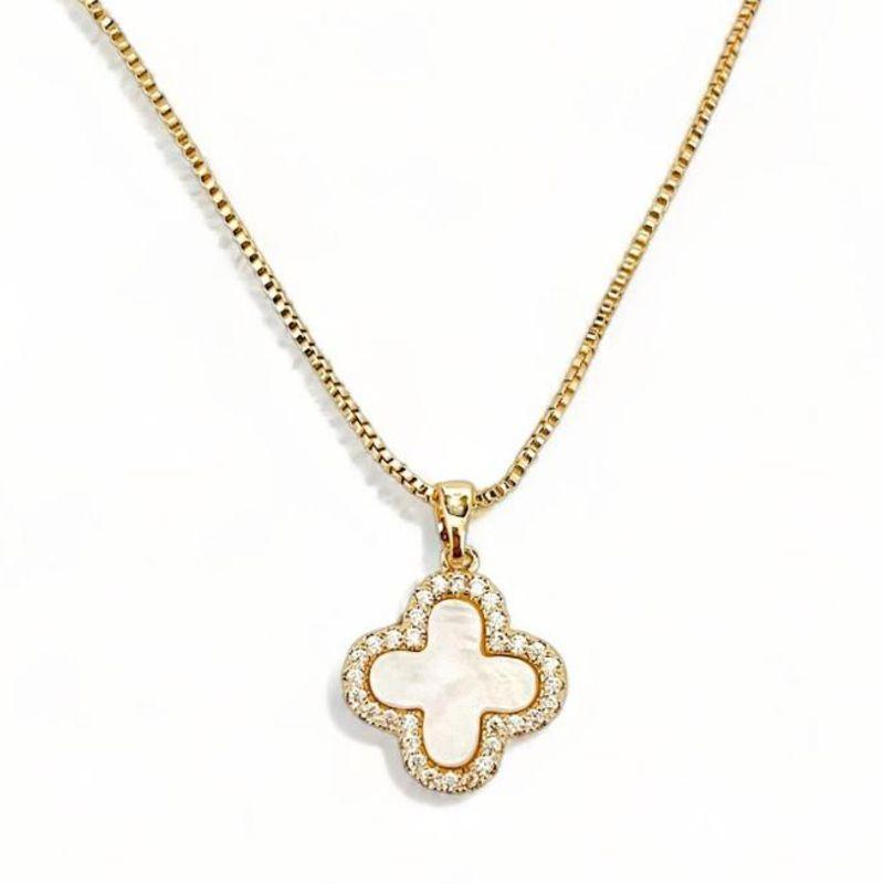 COLAR PINGENTE TREVO MADREPEROLA ZIRCONIA CRISTAL