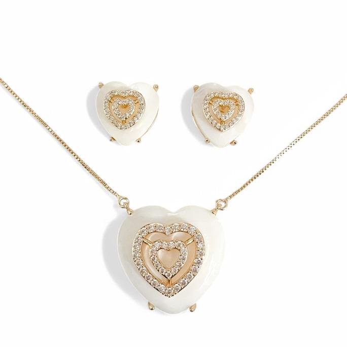 CONJUNTO CORAÇÃO MADREPEROLA ZIRCONIA CRISTAL