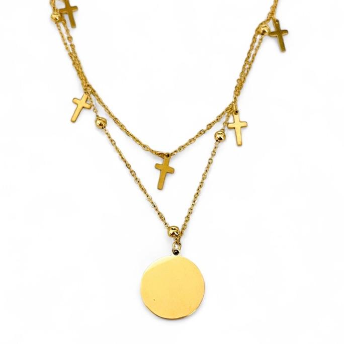 COLAR DUPLO BOLINHAS CRUZES PINGENTE MEDALHA LISA