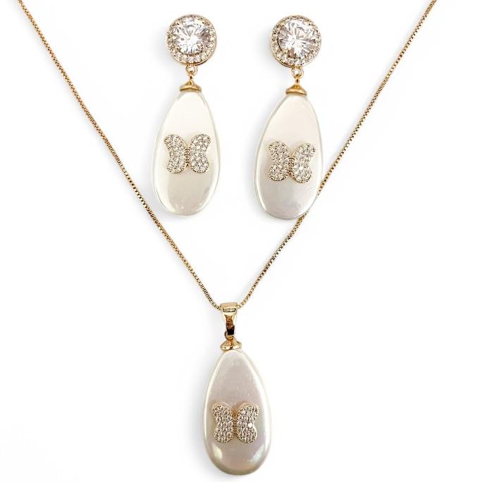 CONJUNTO GOTA MADREPEROLA BORBOLETA ZIRCONIA CRISTAL