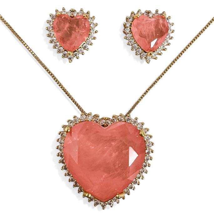 CONJUNTO CORAÇÃO PEDRA CORAL ZIRCONIA CRISTAL