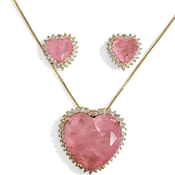 CONJUNTO CORAÇÃO PEDRA QUARTZO ROSA ZIRCONIA CRISTAL
