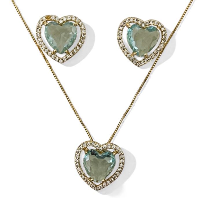 CONJUNTO CORAÇÃO PEDRA QUARTZO AZUL ZIRCONIA CRISTAL