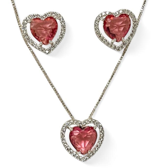 CONJUNTO CORAÇÃO PEDRA QUARTZO ROSA ZIRCONIA CRISTAL