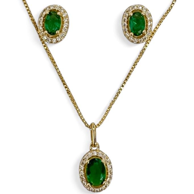 CONJUNTO OVAL PEDRA ESMERALDA ZIRCONIA CRISTAL