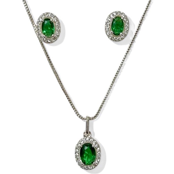 CONJUNTO OVAL PEDRA ESMERALDA ZIRCONIA CRISTAL